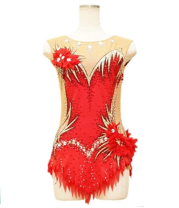 Nicole レッド&ゴールド装飾のオーダーメイド作品 - 新体操レオタード | MASH Leotard